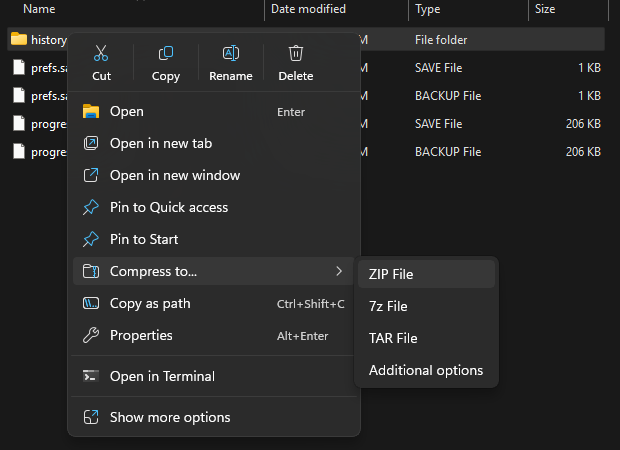How to zip the history folder